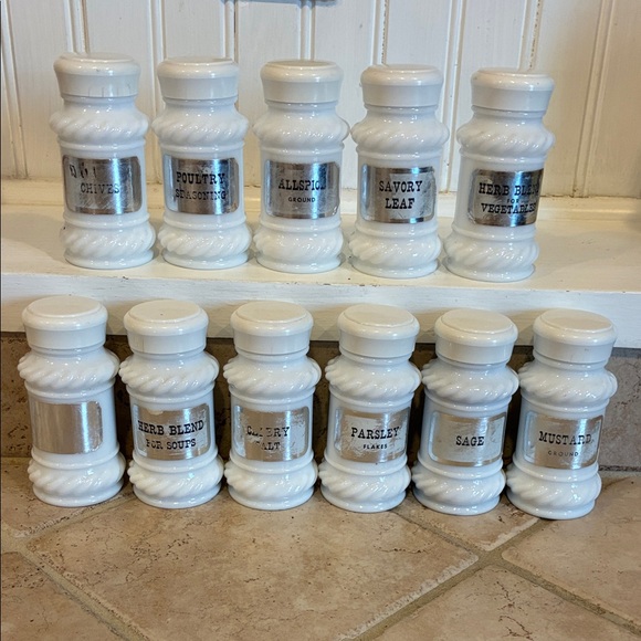 Think Vintage Online Other - Vintage Milk Glass Spice Jars with Silver Labels, Set of 11.